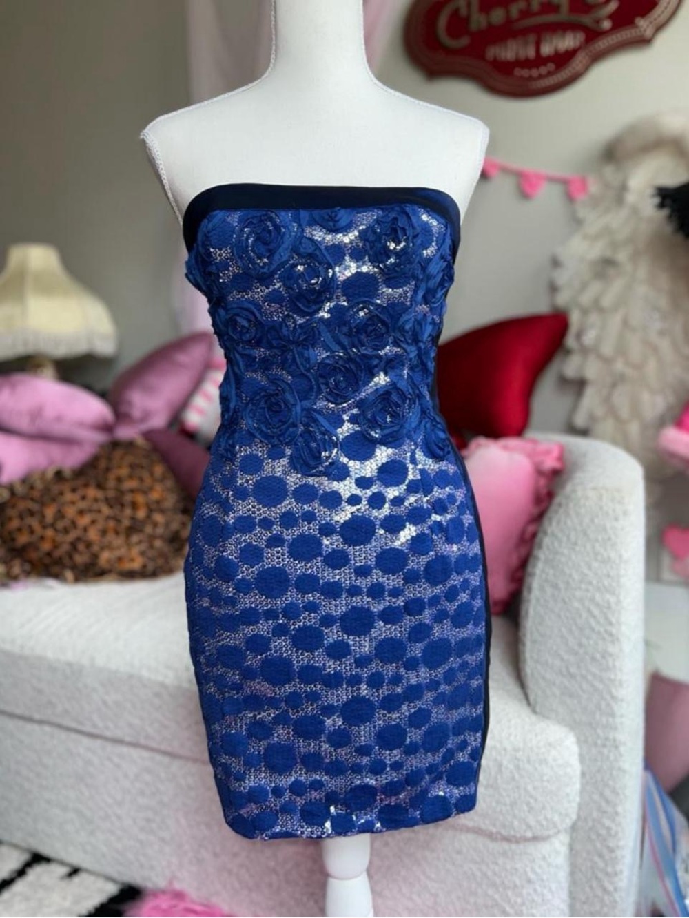 Y2K Jessica McClintock Blue rose lace polka dot sequin mini/midi dress